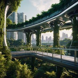 Imagine a city park of the future where nature and technology seamlessly intertwine. Suspended walkways wind through lush gre
