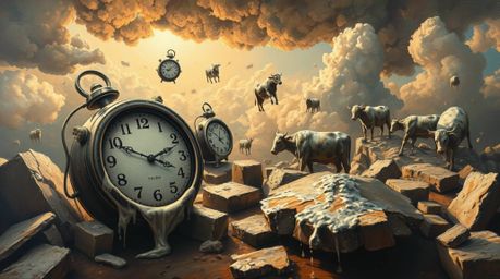 Experience a classic oil painting brought to life with a surreal dreamscape featuring melting clocks and floating cows bathed