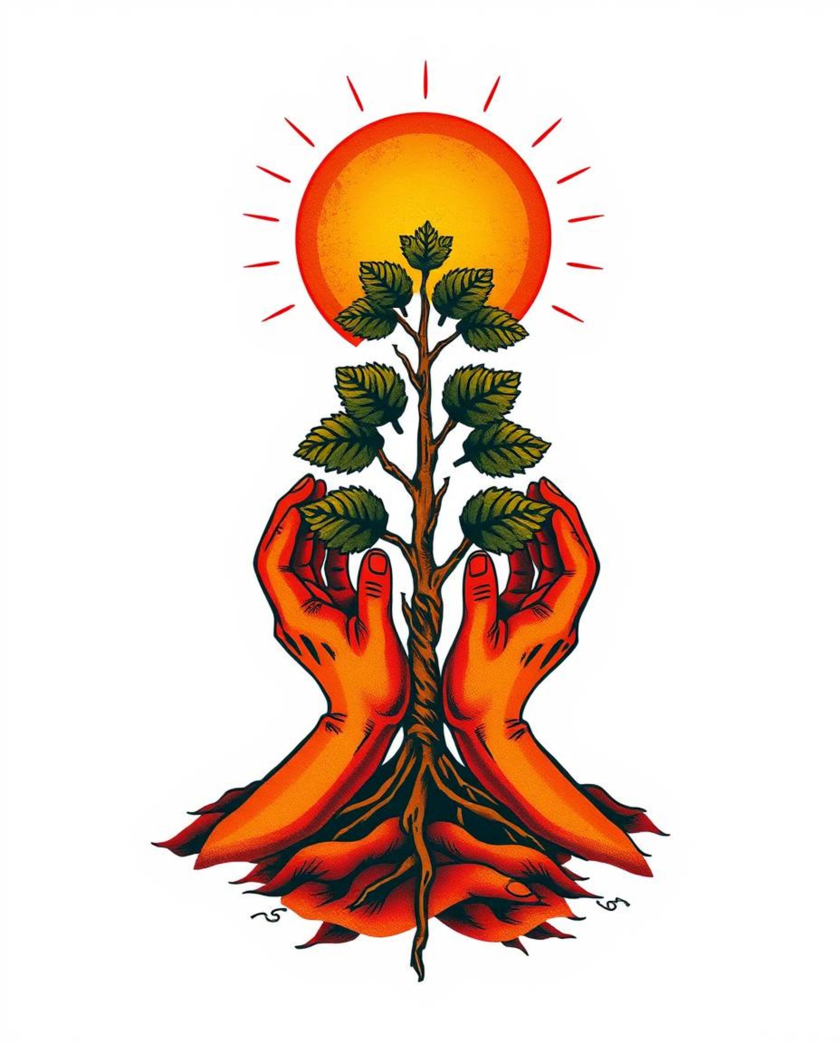 This warm and symbolic traditional tattoo art print depicts hands planting a tree under a radiant golden sky. The vibrant red