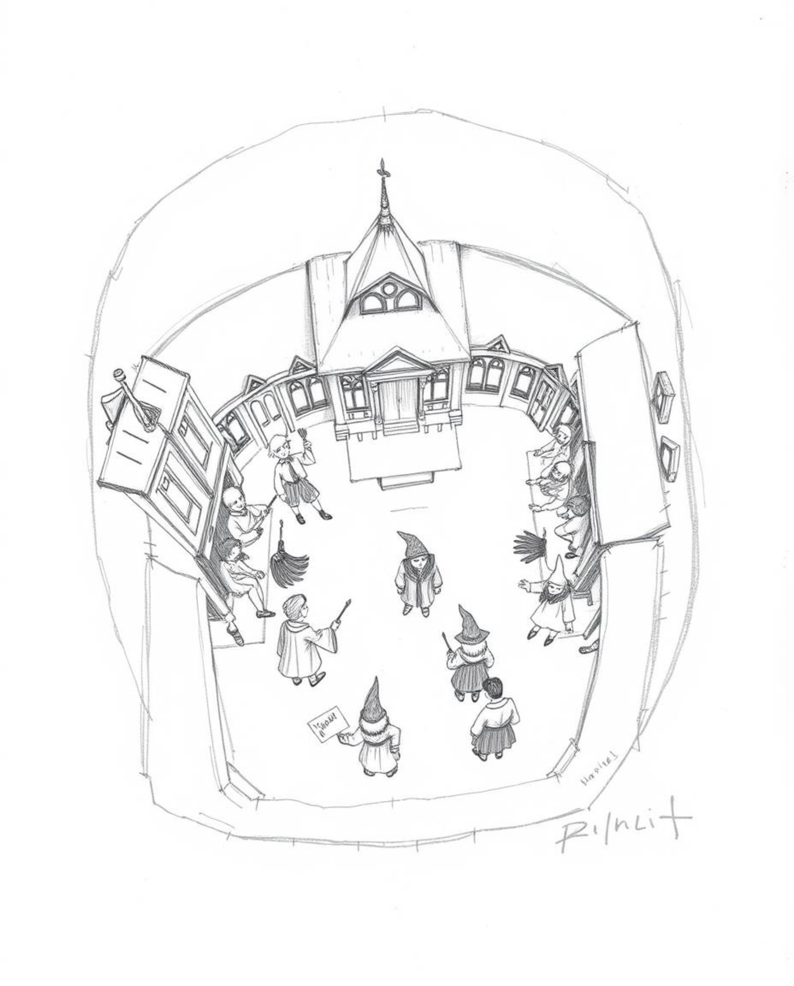 A charming hand-drawn sketch depicting a magical school brimming with young wizards, viewed from an overhead bird's eye persp