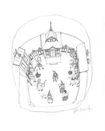 A charming hand-drawn sketch depicting a magical school brimming with young wizards, viewed from an overhead bird's eye persp