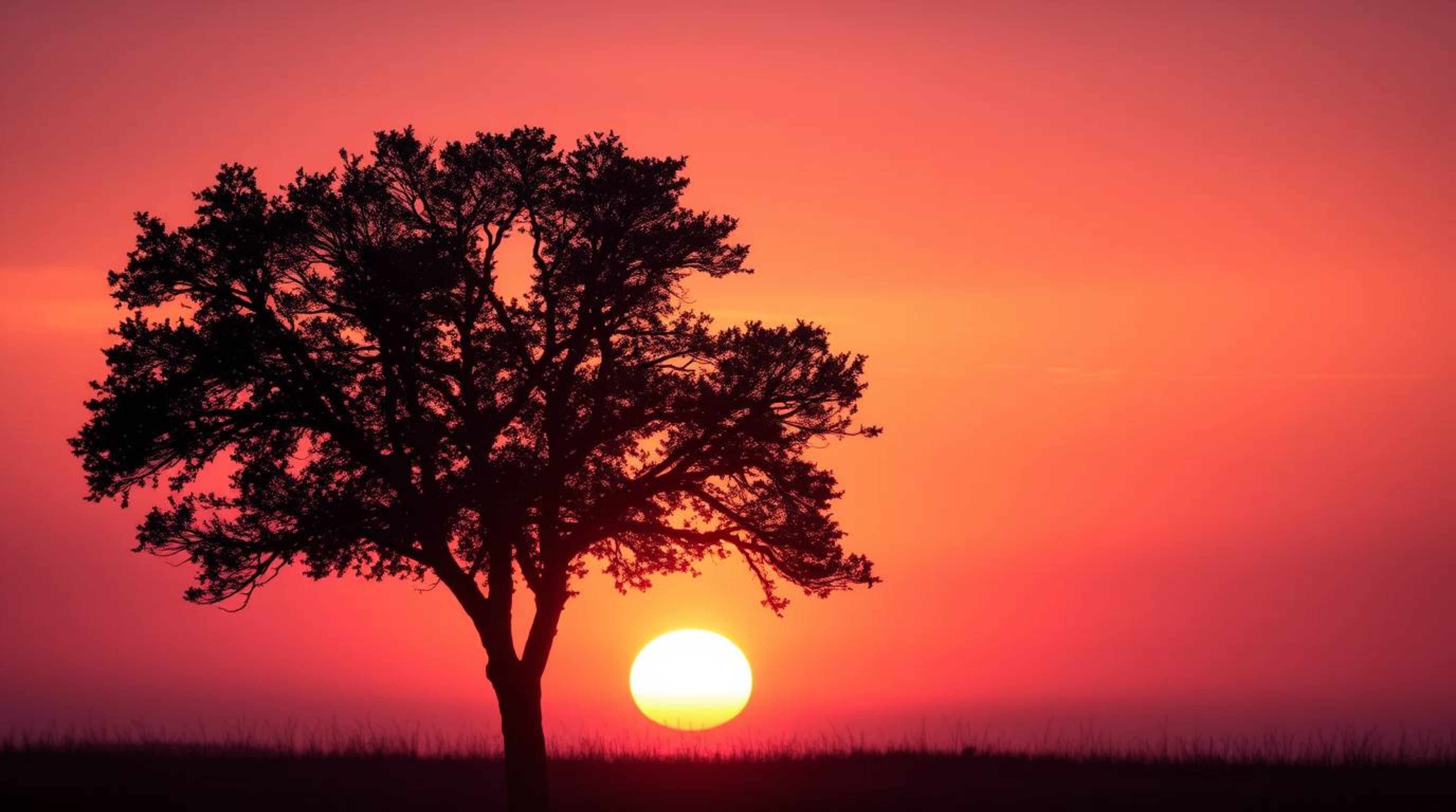 A captivating image of a lone tree silhouetted against a vibrant, fiery sunset.  The soft focus and cinematic haze create a d