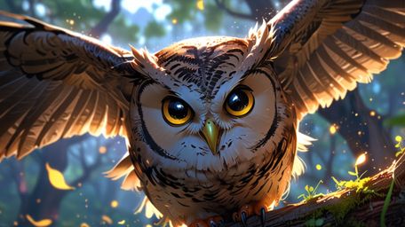 In a heartwarming scene rendered in a beautiful blend of Pixar and anime styles, a wise blind owl teaches young birds to fly 
