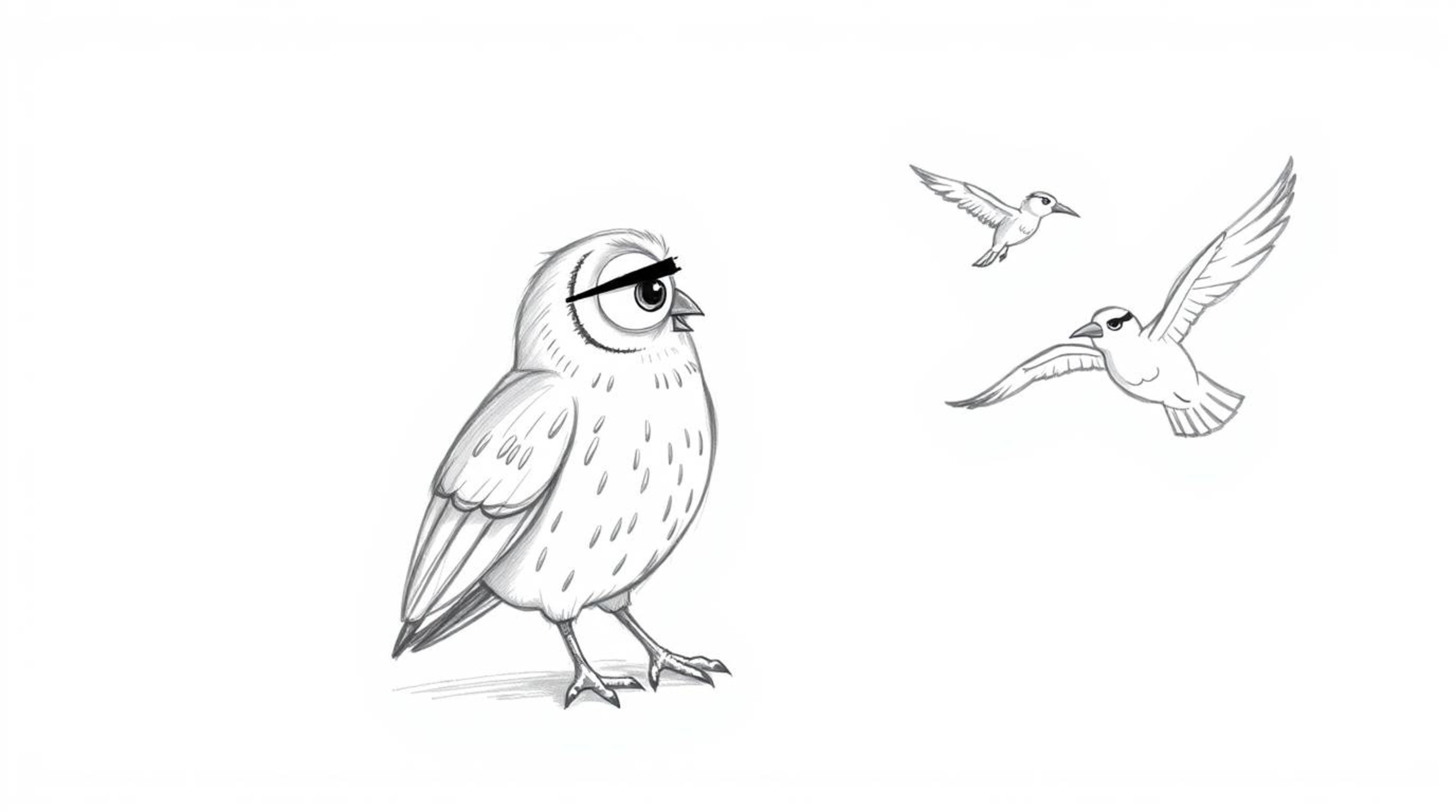 A heartwarming, hand-drawn Pixar-style sketch depicts a blind owl, rendered with soft pencil strokes, guiding a flock of bird