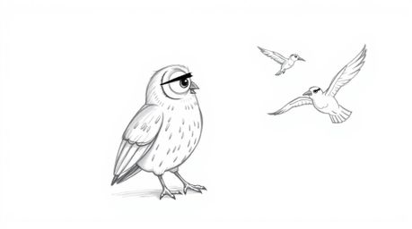 A heartwarming, hand-drawn Pixar-style sketch depicts a blind owl, rendered with soft pencil strokes, guiding a flock of bird