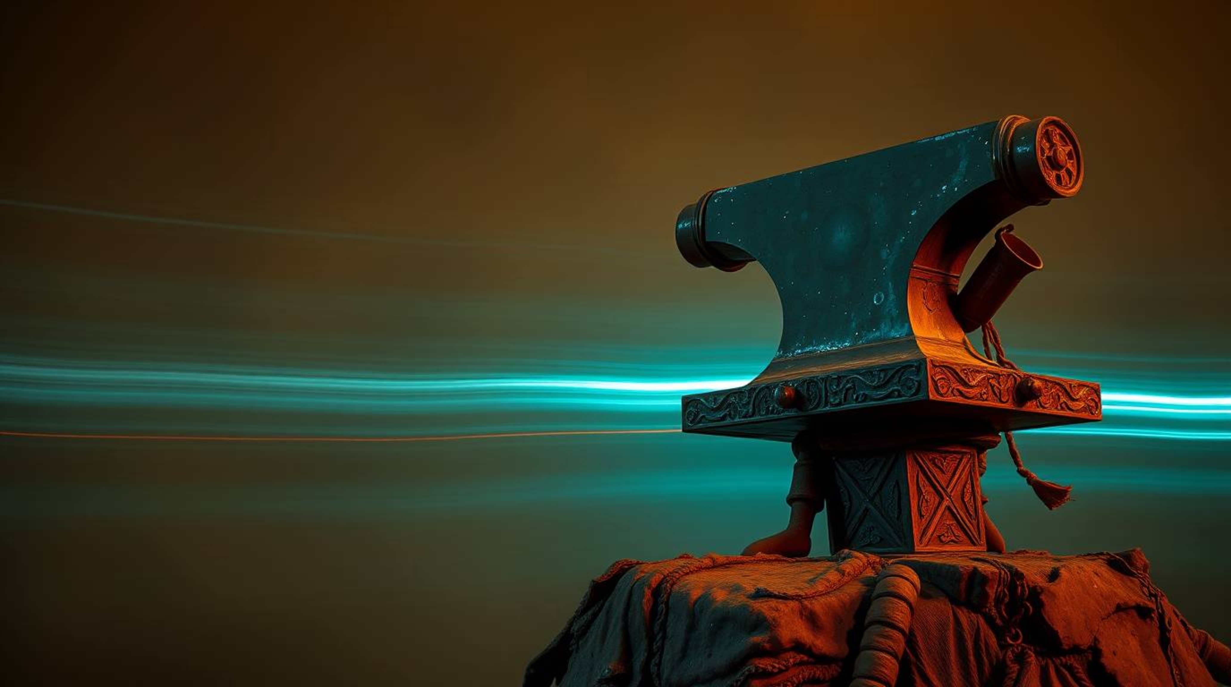 This artwork captures a long exposure photograph of an anvil about to drop on a trickster character, rendered in warm terraco