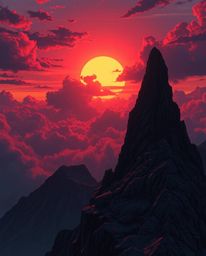 Step into an eerie, creepy Isekai anime-style sunset viewed from a high alpine peak. This artwork is defined by its expressiv