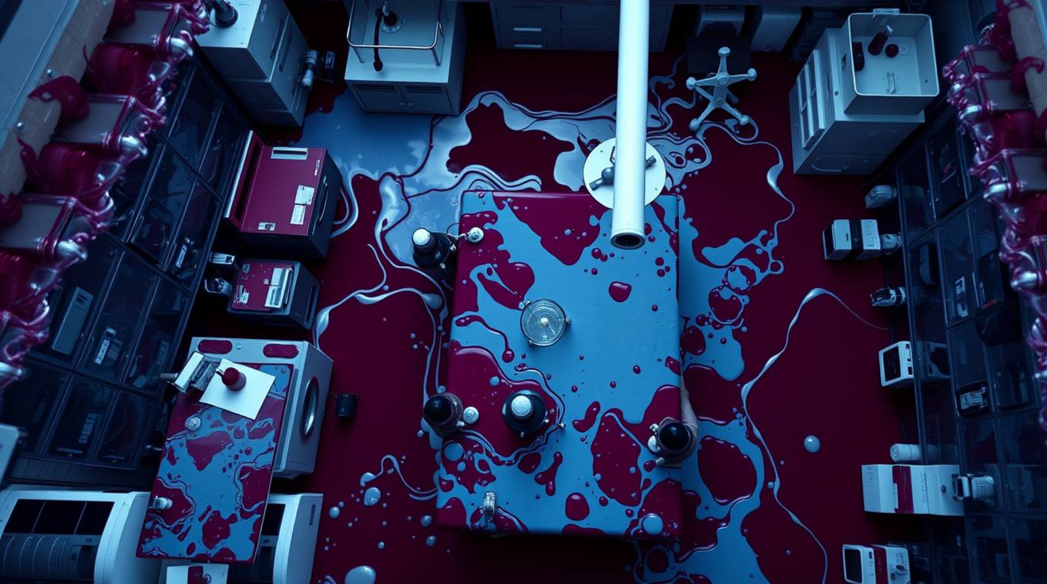 Discover a captivating overhead shot of a sophisticated slime-covered science lab.  Rich burgundy and deep blue tones create 