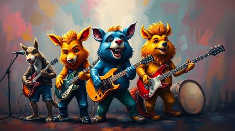 This vibrant acrylic painting captures a cartoon band of animals in full swing, playing rock music with energetic abandon. Th