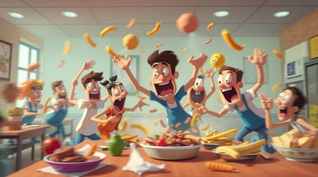 Experience a chaotic and hilarious wild food fight set in a vibrant cartoon cafeteria. This scene is presented with a soft ci