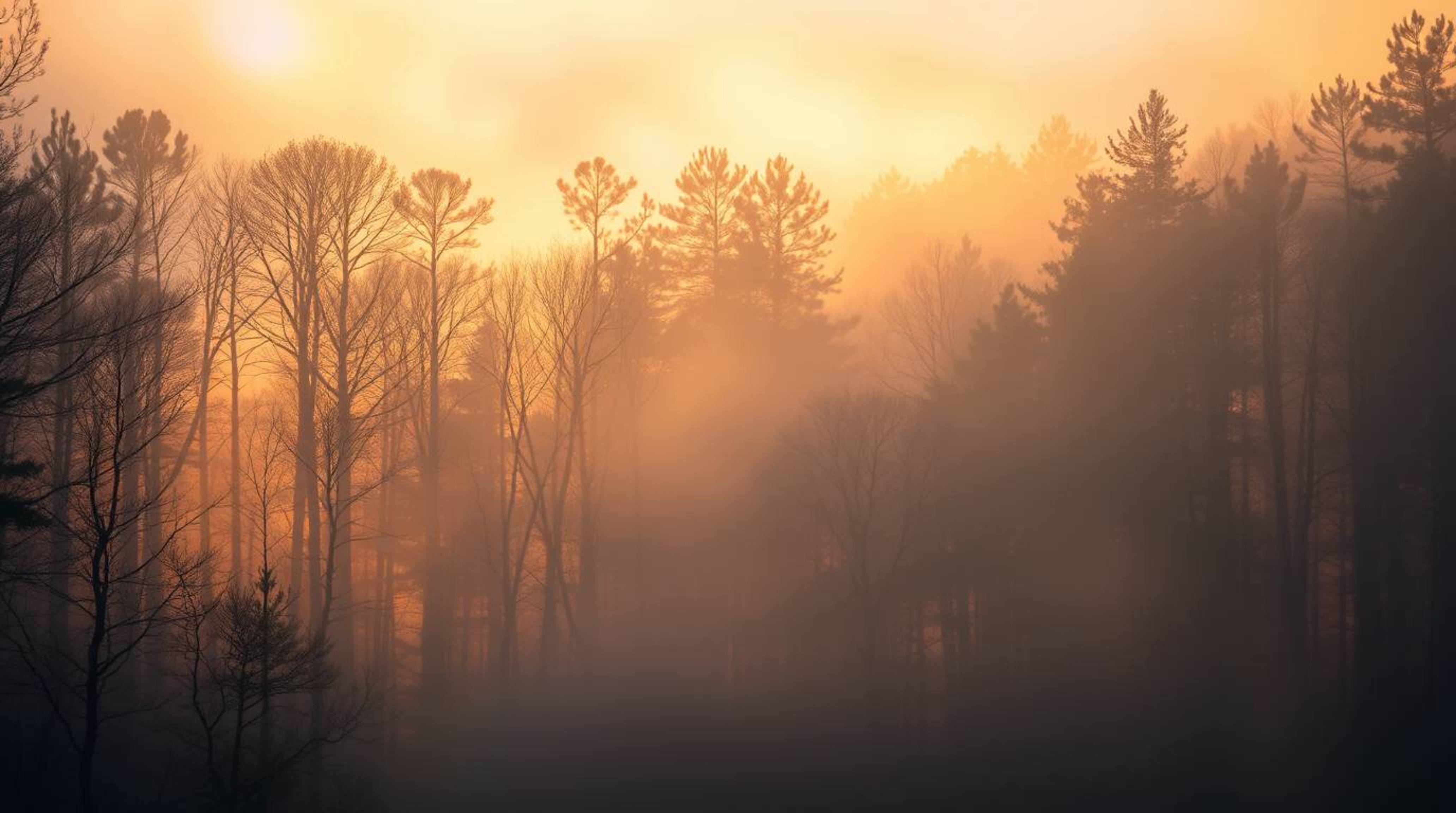 Experience a dreamy atmosphere within a golden hour forest, where iridescent colors shimmer in the mist rising from the groun