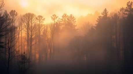 Experience a dreamy atmosphere within a golden hour forest, where iridescent colors shimmer in the mist rising from the groun