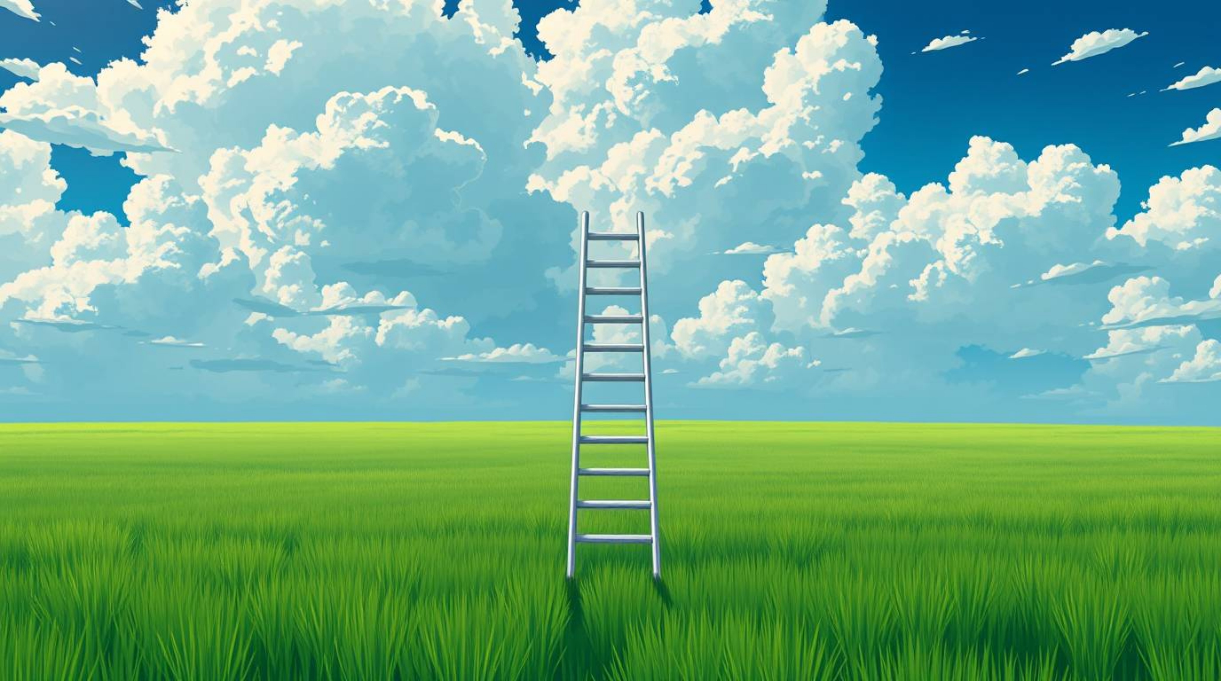 Isekai anime style depicting a minimalist scene of a silver metallic ladder in a vast open field under a wide, cloudy sky. T