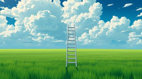 Isekai anime style depicting a minimalist scene of a silver metallic ladder in a vast open field under a wide, cloudy sky.  T