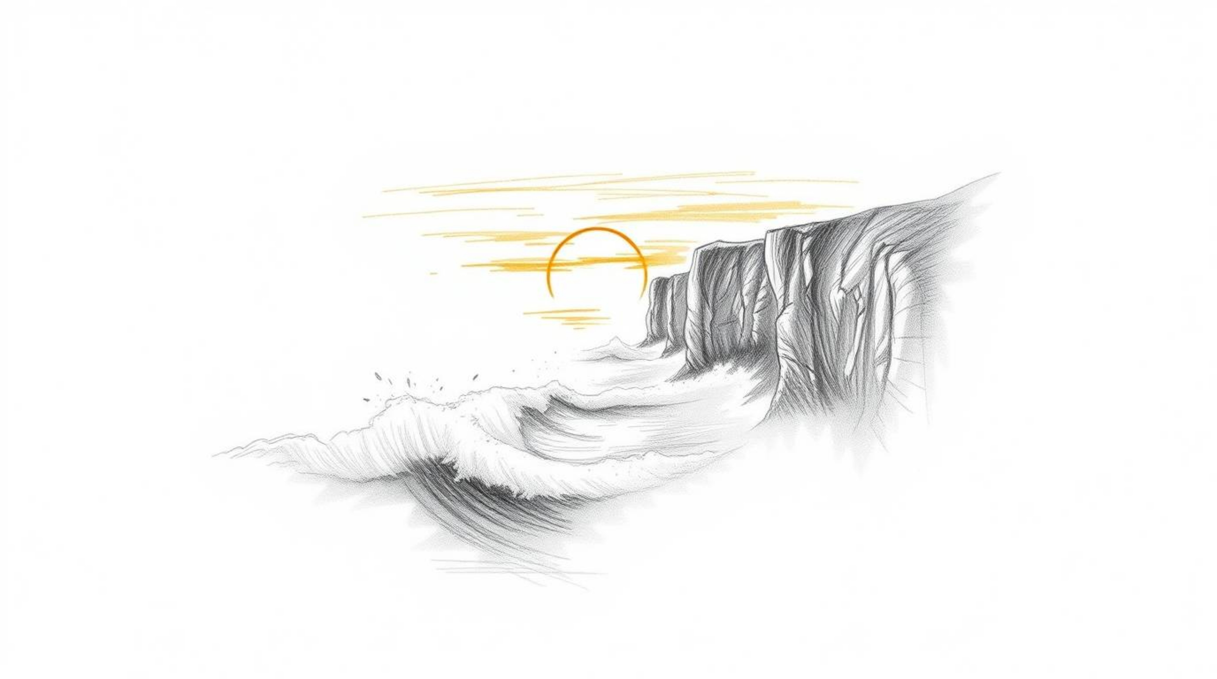 Experience the raw beauty of a hand-drawn sketch depicting waves crashing on cliffs under a blazing sunset.  The thick fog ad
