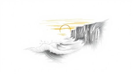 Experience the raw beauty of a hand-drawn sketch depicting waves crashing on cliffs under a blazing sunset.  The thick fog ad