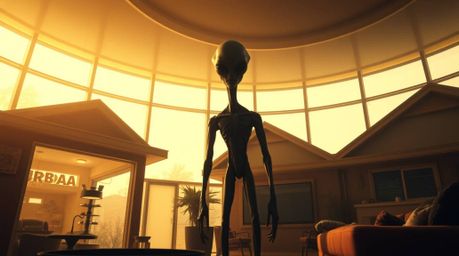 Experience an epic and grand scene of an alien residing in a suburban house, set in a modern future with warm, soft lighting 