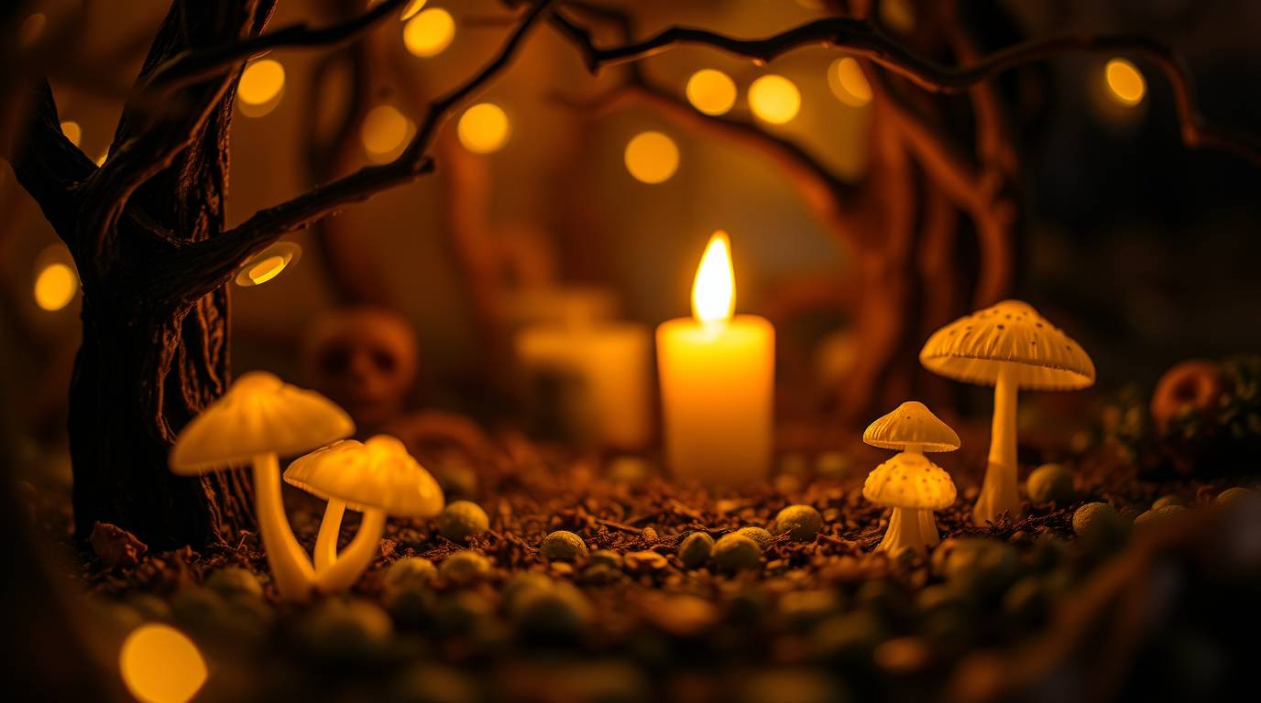 Explore a vintage enchanted forest captured in extreme macro detail, featuring glowing mushrooms and the soft flicker of cand