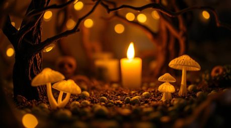Explore a vintage enchanted forest captured in extreme macro detail, featuring glowing mushrooms and the soft flicker of cand