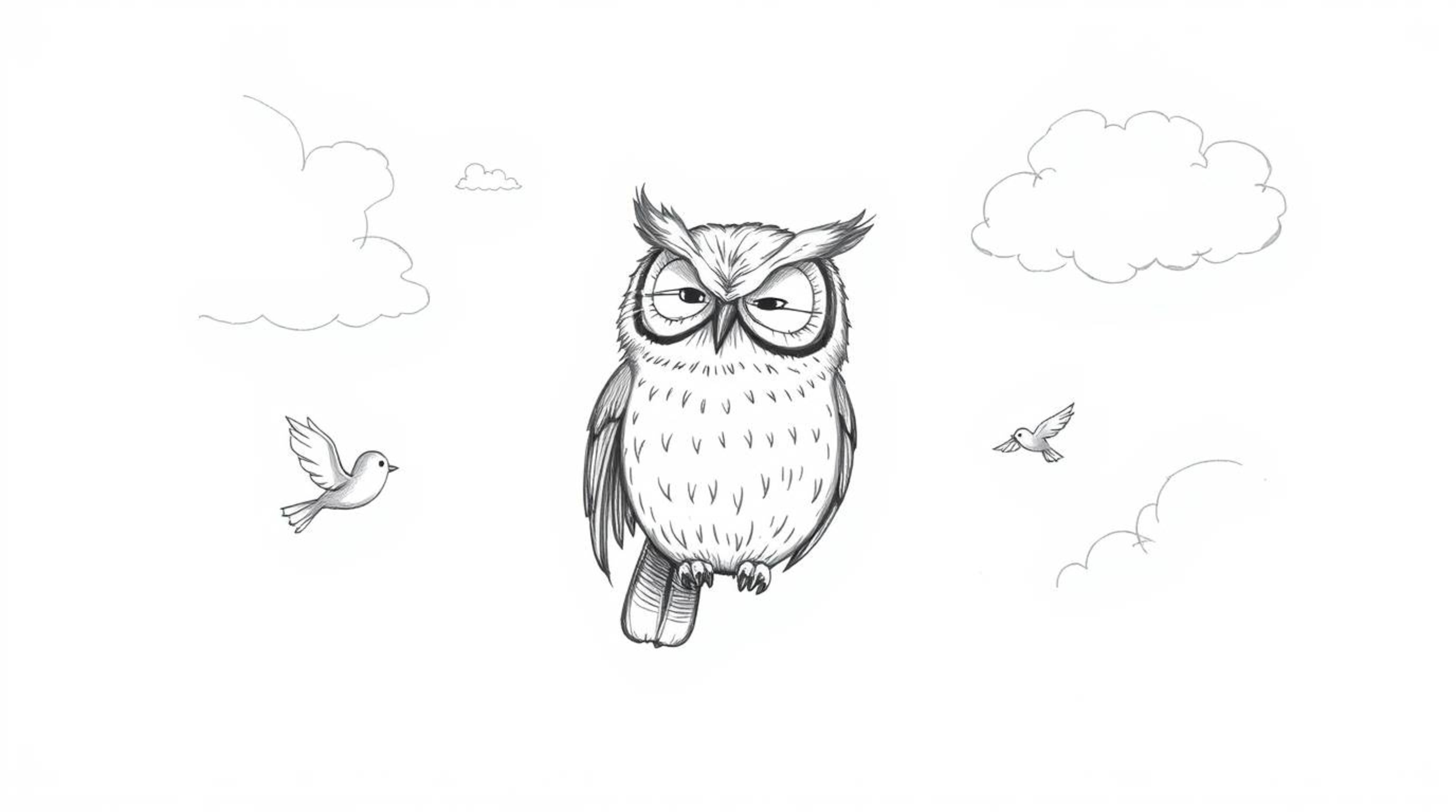 A charming hand-drawn sketch in the style of Pixar depicts a blind owl with a serene expression, gently guiding small birds a