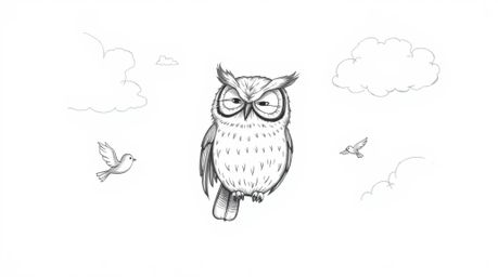 A charming hand-drawn sketch in the style of Pixar depicts a blind owl with a serene expression, gently guiding small birds a