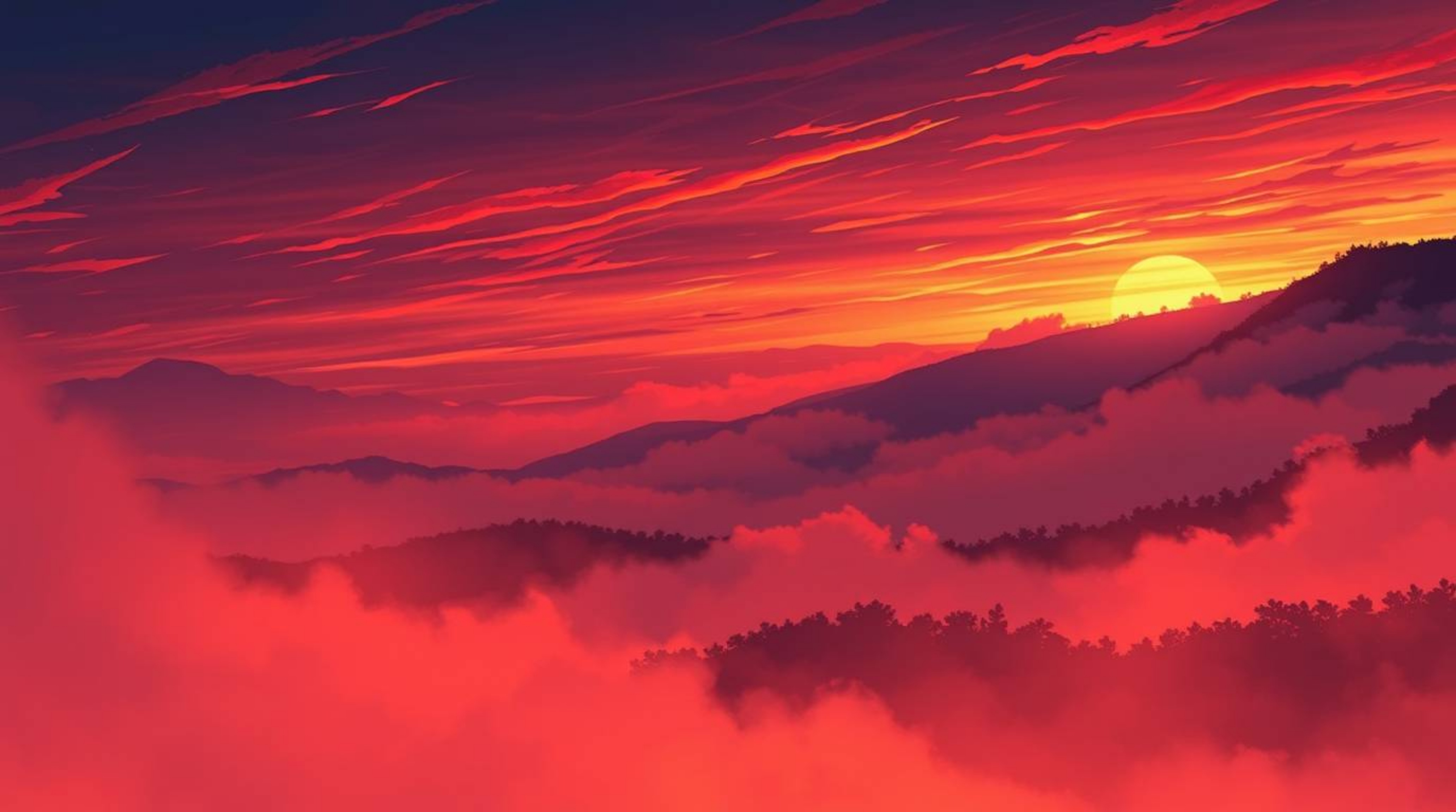 A captivating isekai-style anime illustration depicting fog-covered hills bathed in the warm glow of a setting sun.  The expr