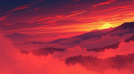 A captivating isekai-style anime illustration depicting fog-covered hills bathed in the warm glow of a setting sun.  The expr