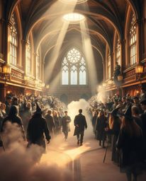 An epic and grand scene showcasing a magical school bustling with young wizards. The image is rendered in soft pastel colors,