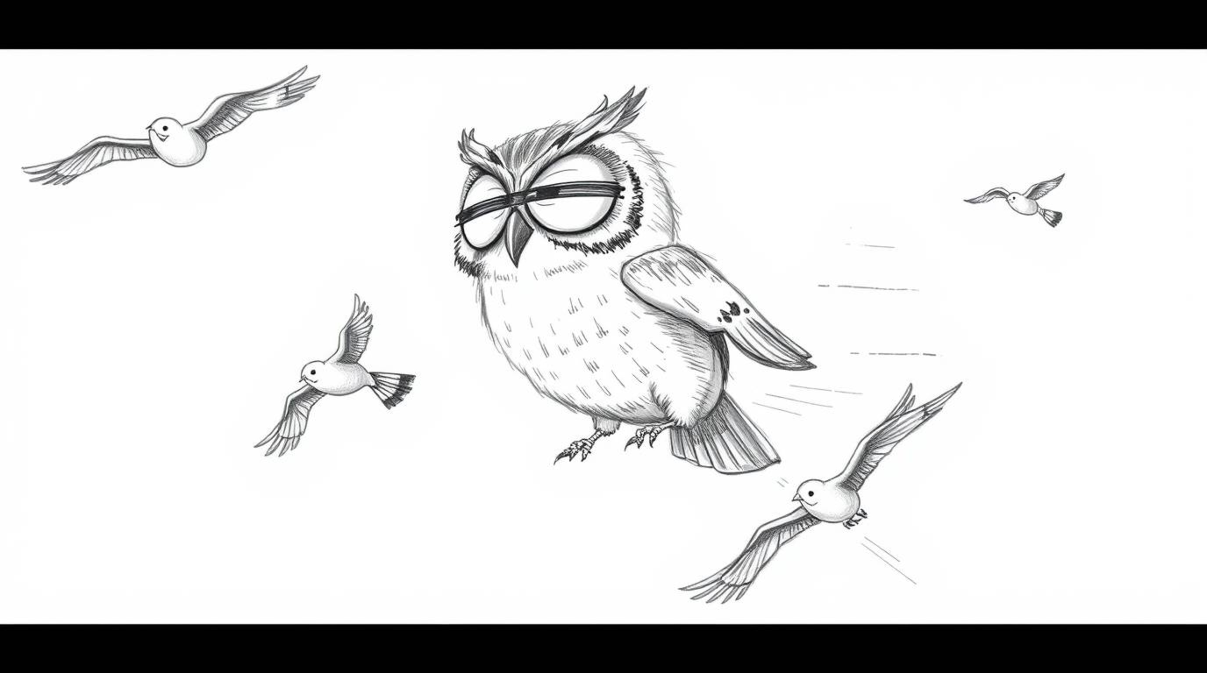 A heartwarming hand-drawn sketch in the style of Pixar depicts a large, blind owl with expressive closed eyes gently guiding