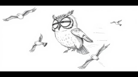 A heartwarming hand-drawn sketch in the style of Pixar depicts a large, blind owl with expressive closed eyes gently guiding 