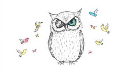 This hand-drawn sketch features a Pixar-esque blind owl with a serene expression and textured feathers. The owl is depicted s