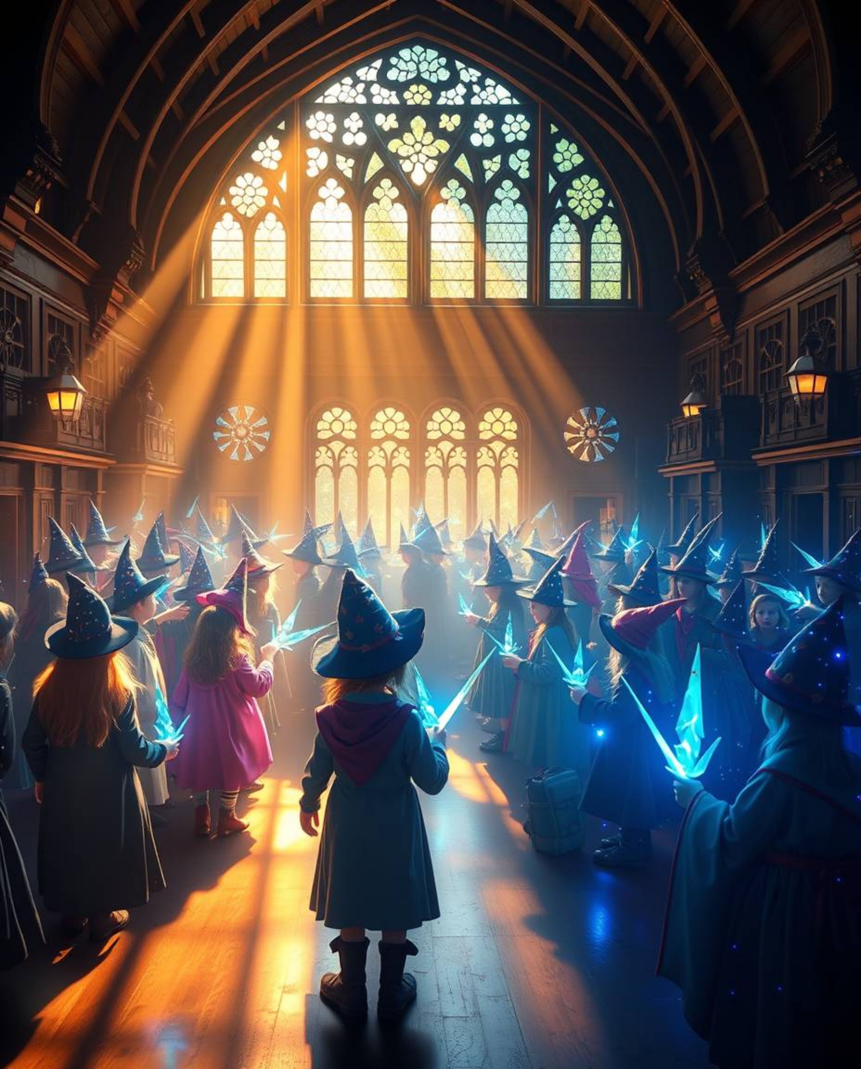 Step into a magical school brimming with radiant young wizards, bathed in luxurious natural light and emitting a vibrant, bio