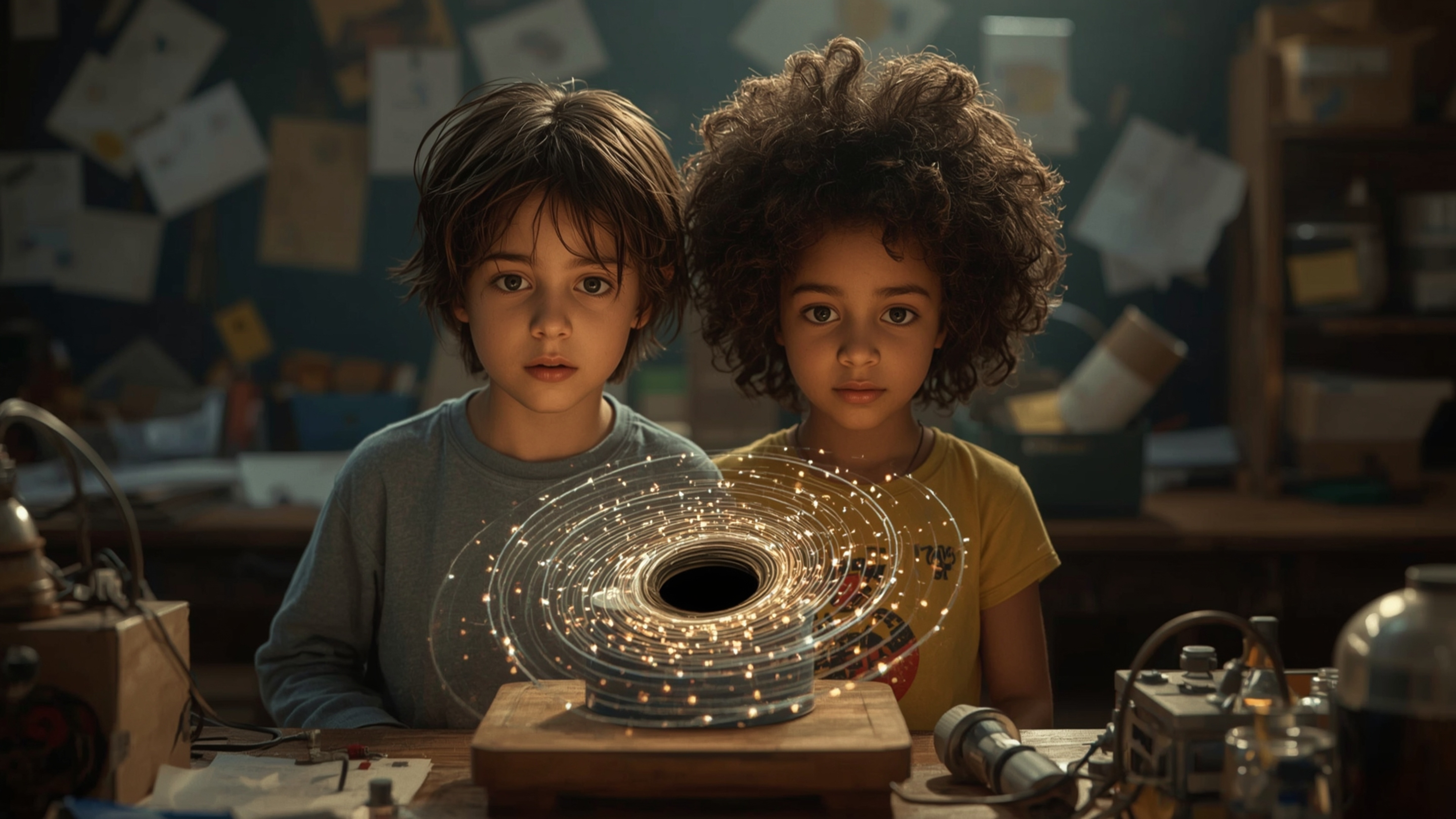 A cinematic photograph captures a dynamic science fair duo—a curious boy with messy brown hair and a brilliant girl with Afro