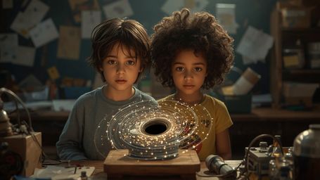 A cinematic photograph captures a dynamic science fair duo—a curious boy with messy brown hair and a brilliant girl with Afro