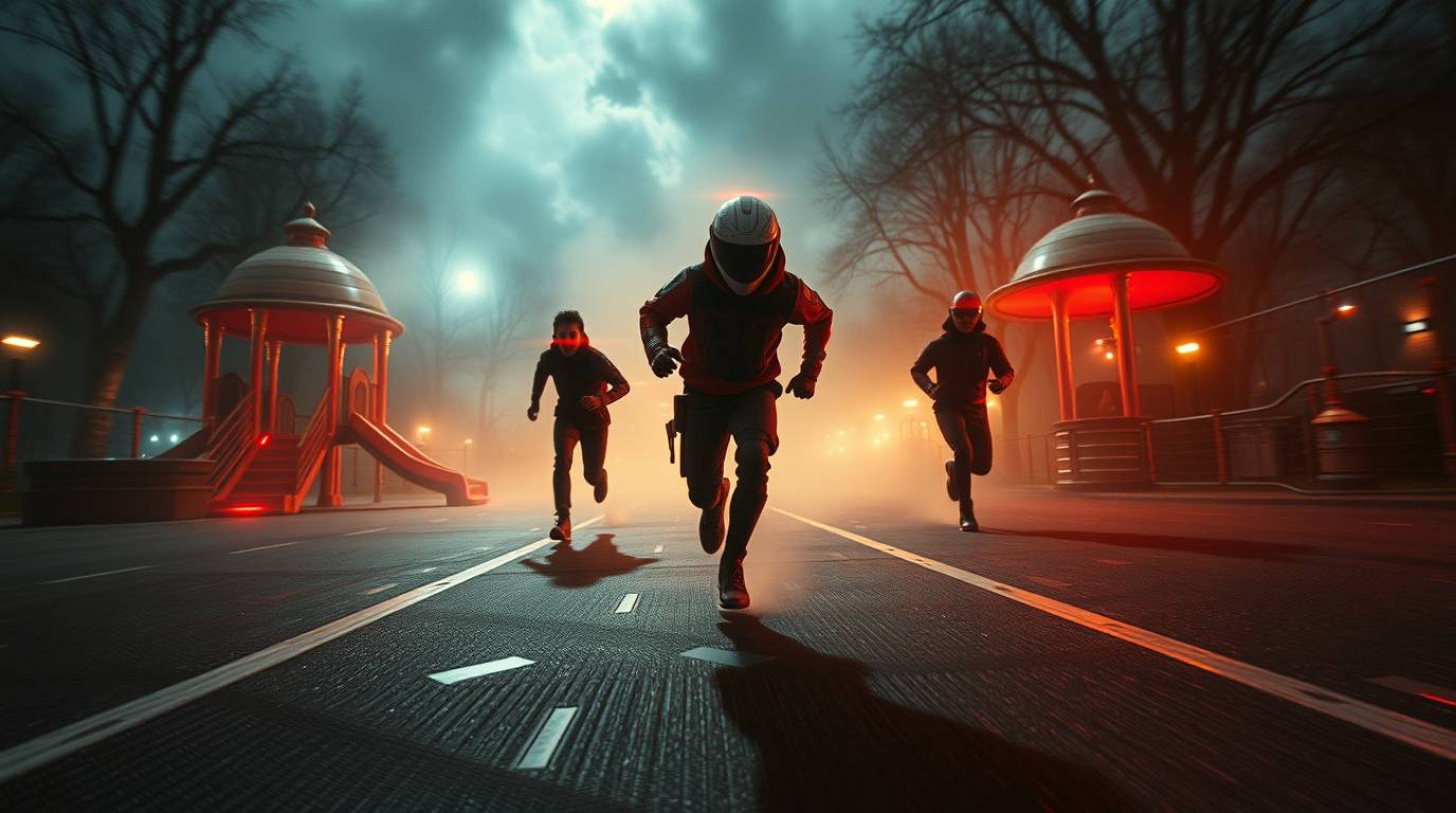 Experience a dramatic slow-motion run through a futuristic playground in a cinematic sci-fi style.  This visually stunning vi