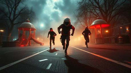 Experience a dramatic slow-motion run through a futuristic playground in a cinematic sci-fi style.  This visually stunning vi