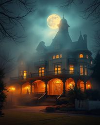 A fog-covered Victorian mansion bathed in moonlight evokes a dreamlike atmosphere, radiating a warm golden glow and mystic en