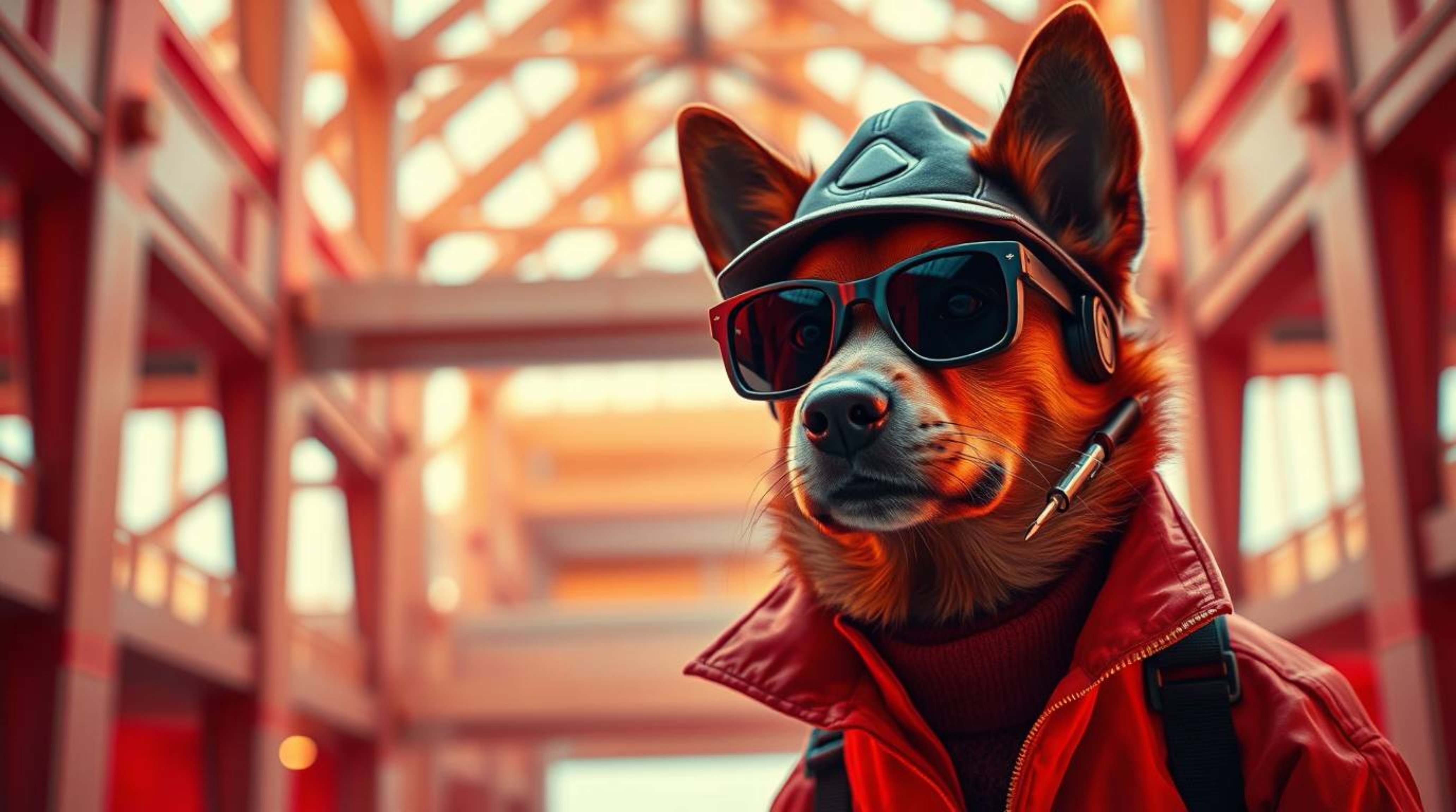 A dramatic architectural color photograph featuring a dog detective equipped with high-tech gadgets, rendered in a high-contr