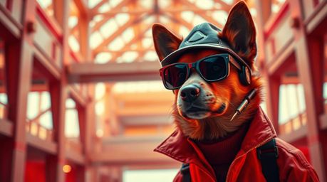 A dramatic architectural color photograph featuring a dog detective equipped with high-tech gadgets, rendered in a high-contr