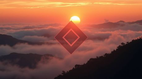 An epic and modern futuristic scene showcasing a grand geometric logo inspired by fog-covered hills and a vibrant sunset. The