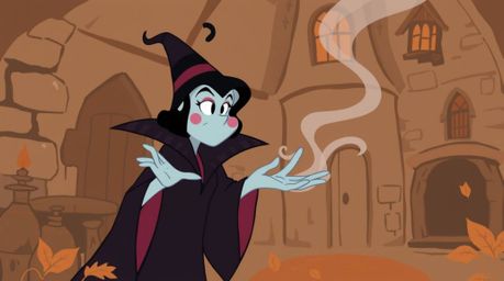 A classic Disney villain with rosy cheeks casts a spell within a cozy, earthy old castle. The artwork features a warm autumn