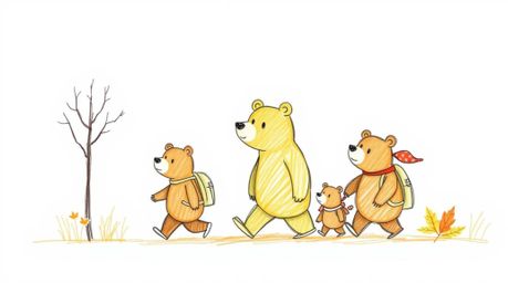 A charming hand-drawn sketch depicts a bear family's whimsical urban adventure. Rendered in warm autumn hues with rough lines