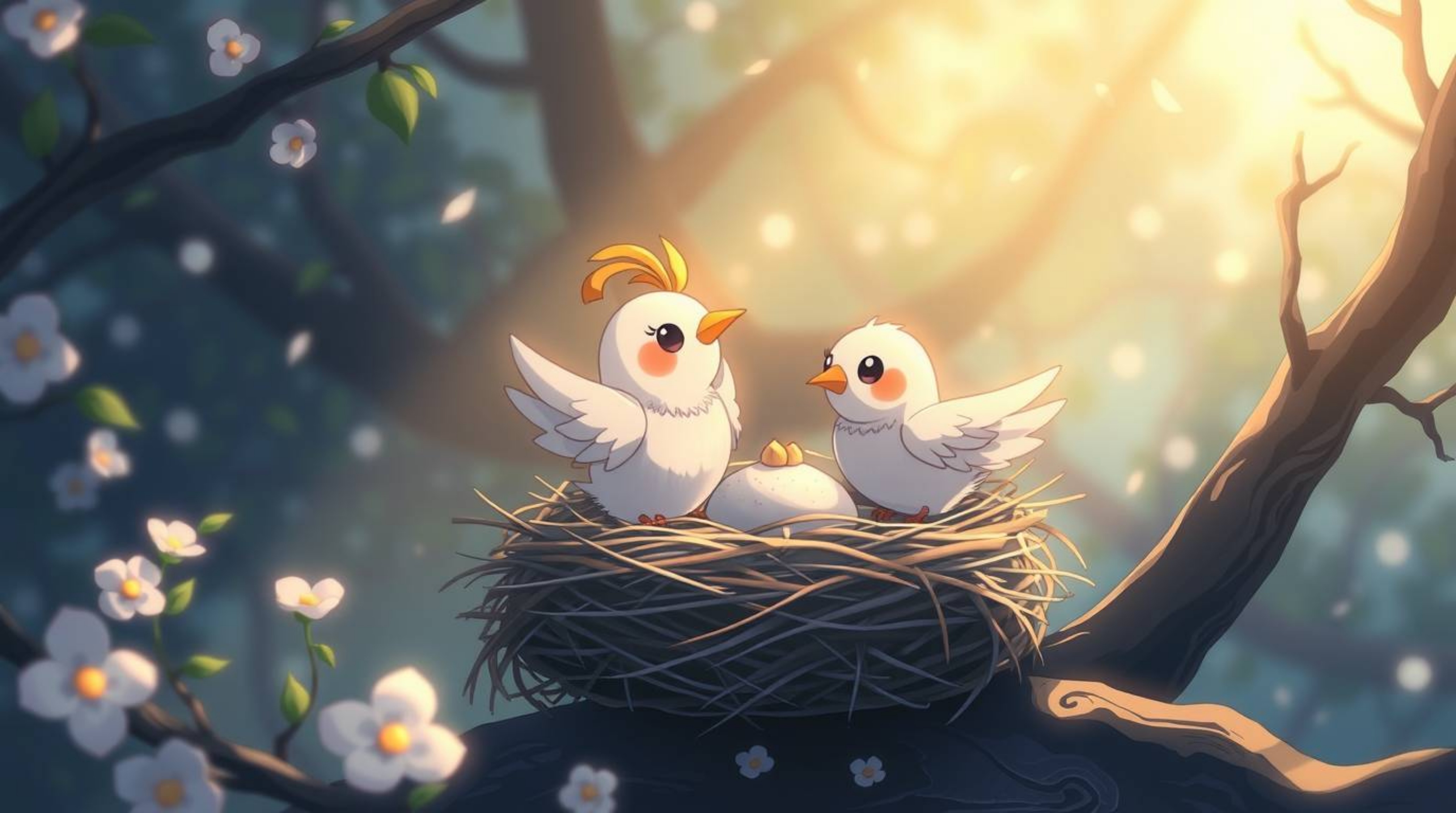 This captivating artwork depicts two cartoon birds building a nest in a classic animation style, infused with an ethereal spi
