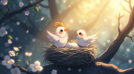 This captivating artwork depicts two cartoon birds building a nest in a classic animation style, infused with an ethereal spi