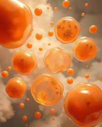 Explore a stunning bird's-eye view 3D render showcasing translucent, fluid organic blobs gracefully floating in the vast expa