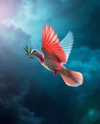 A captivating digital illustration of a dove carrying an olive branch, soaring through stormy skies.  The dove glows with vib