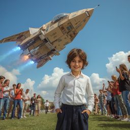 Exquisite high-fashion photography in a Pixar style depicts a young boy with a bright smile, standing proudly beside his gian