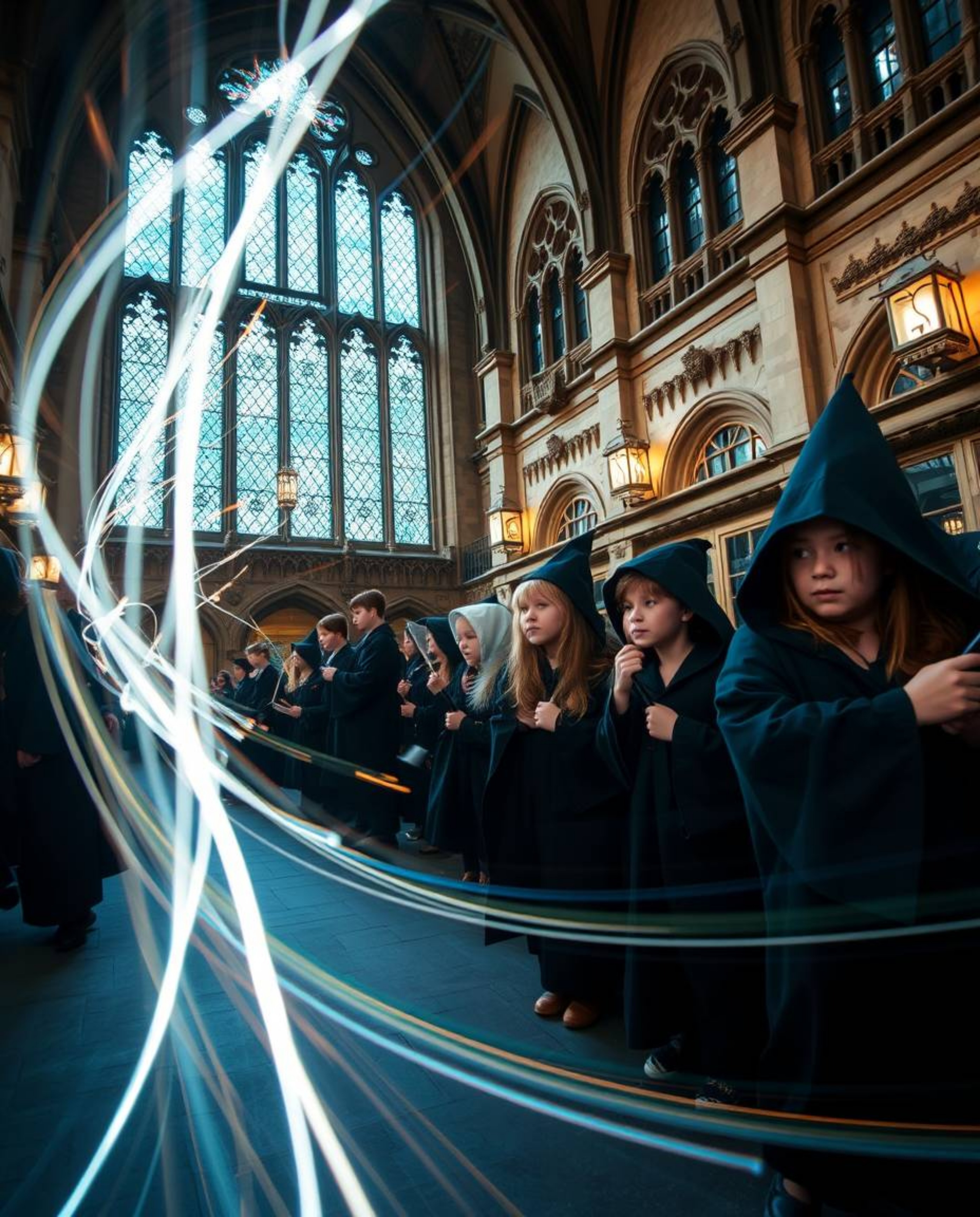 Capture the enchanting atmosphere of a magical school filled with young wizards through stunning long exposure photography. E