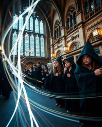 Capture the enchanting atmosphere of a magical school filled with young wizards through stunning long exposure photography. E