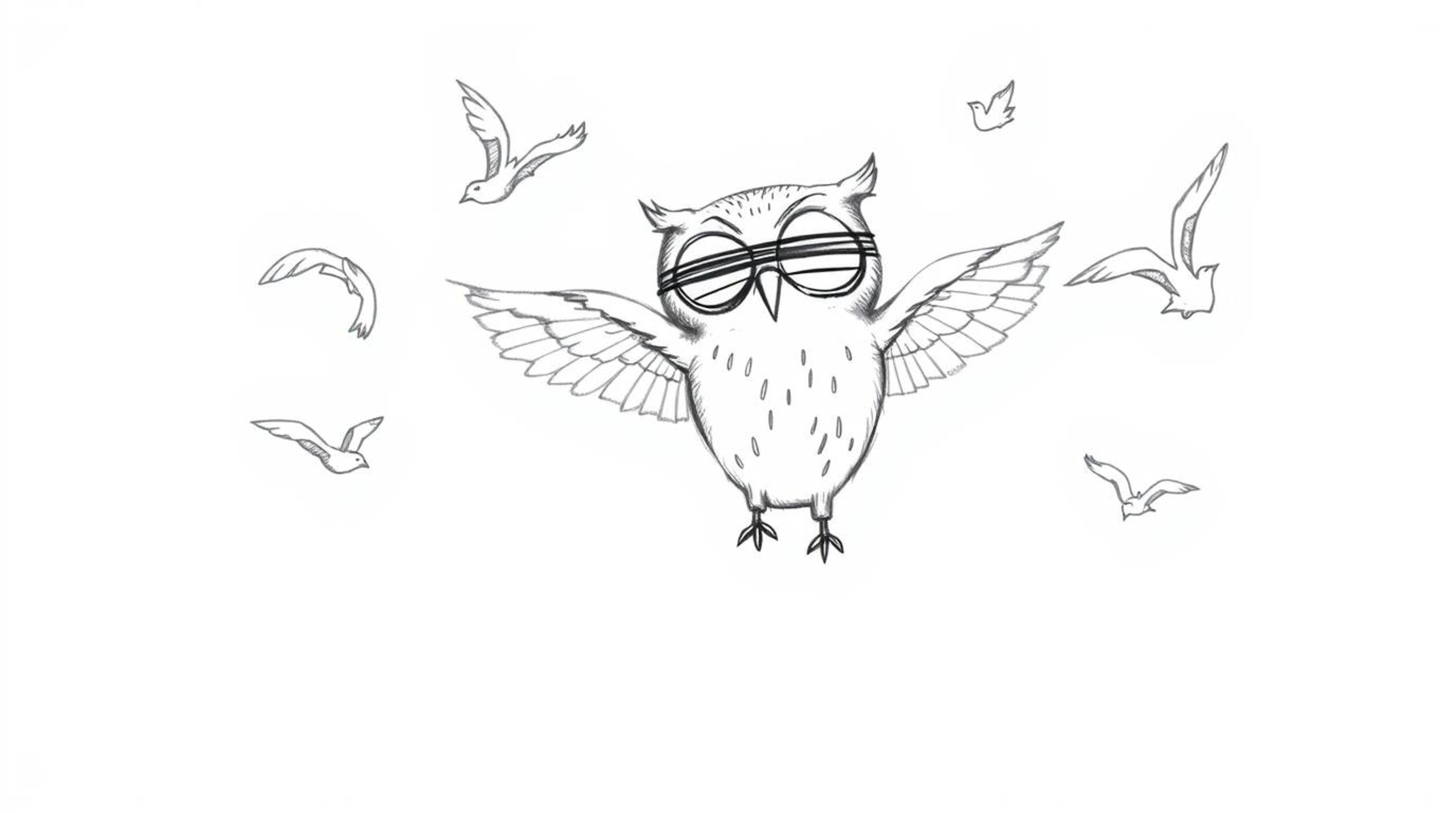 A charming hand-drawn sketch in the style of Pixar depicts a blind owl, with soft features, gracefully teaching birds to fly.